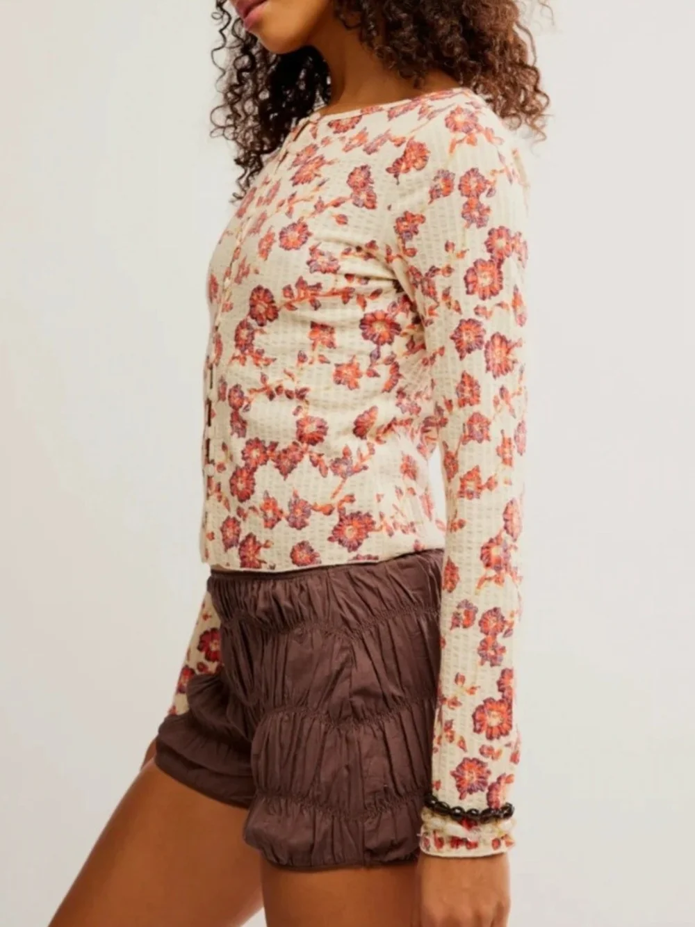 Free People Women’s Floral Button-Front Long Sleeve Top - Cream with Rust Floral